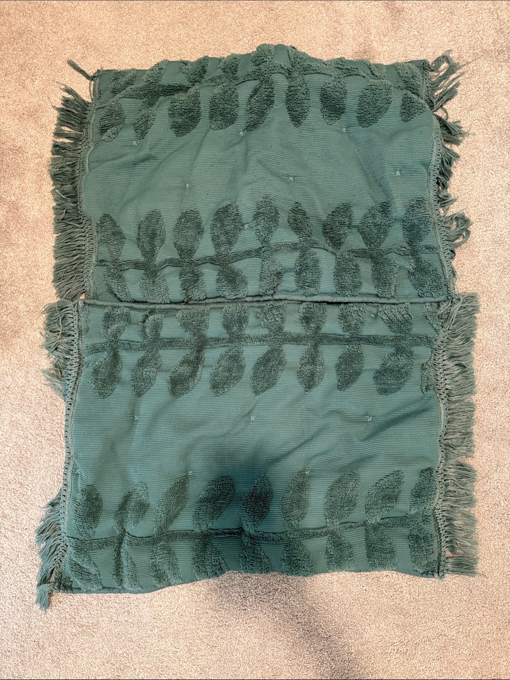 Textured Dark Green Leaf Throw Pillow Covers with Fringe